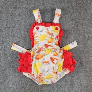 Boutique Jolie-Beau Baby Girls Crawfish Summer Ruffle Romper Red White 12-18M